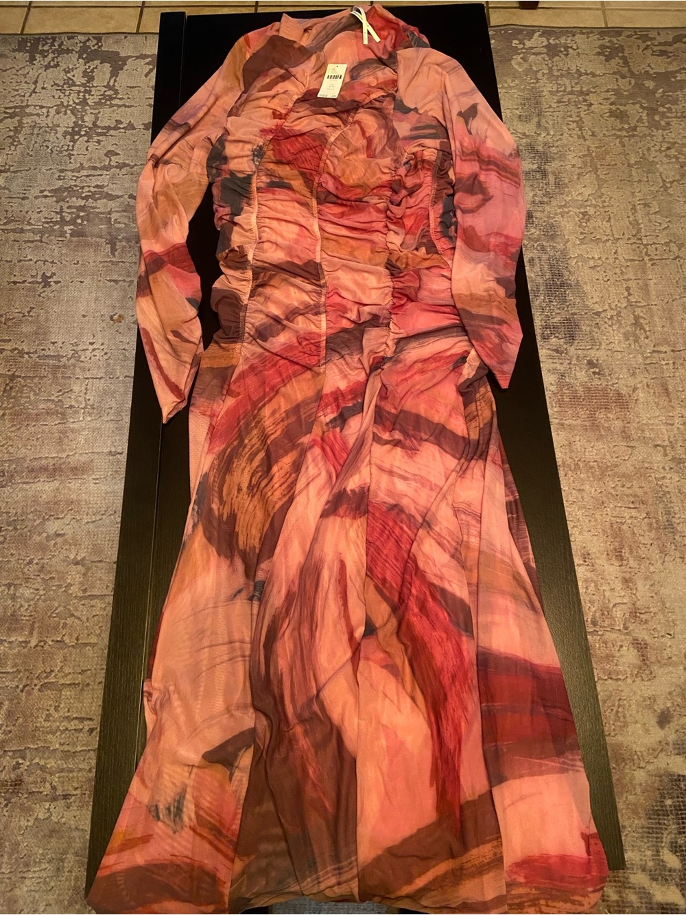 Anthropologie Pink & Red Abstract Long Sleeve Maxi Dress